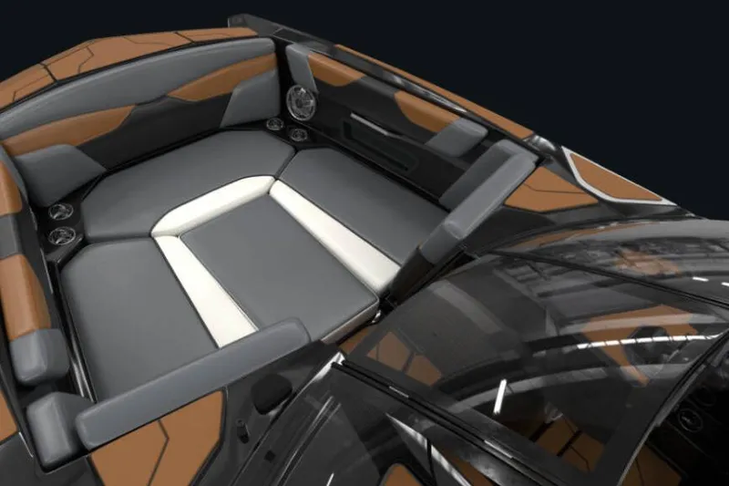 Slide: The Image of 2023 Axis A24 boat on trailer outside dealership, clear sky background. - 7