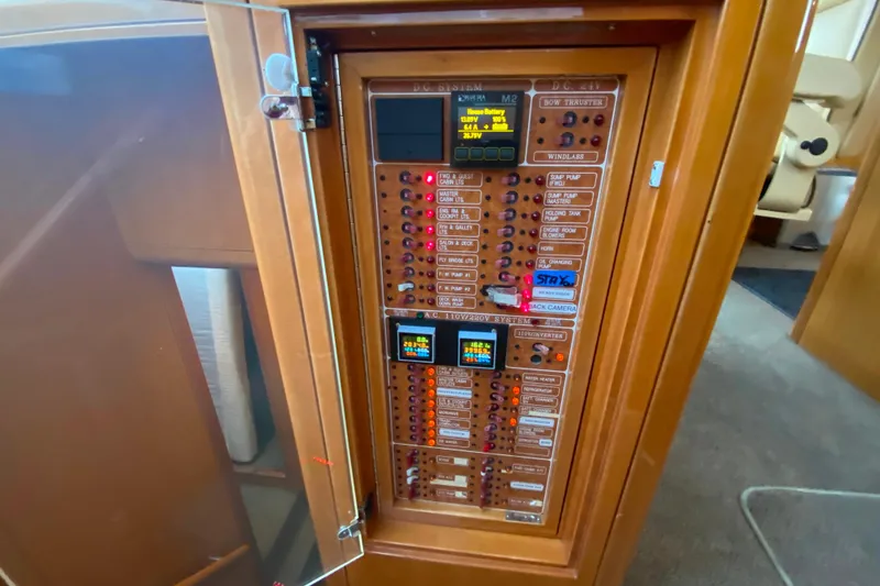 Slide: The Image of Electrical control panel on a 2001 Compass 57 yacht, featuring various switches and indicators. - 29