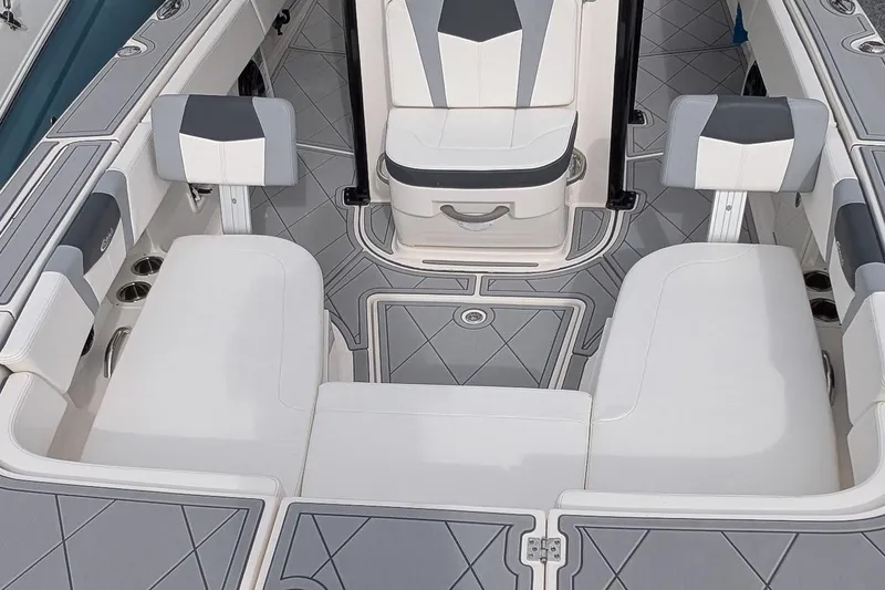 Slide: The Image of 2023 Robalo 266 Cayman boat interior with stylish seating and modern design. - 20