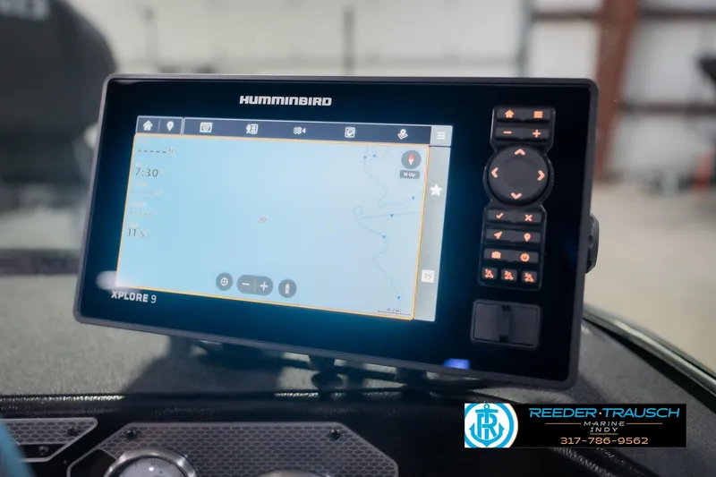 Slide: The Image of Humminbird Xplore 9 fishfinder on 2026 Lund 2075 Impact XS boat dashboard. - 36
