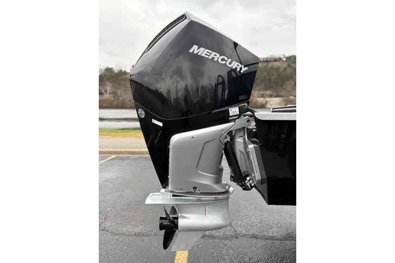 Slide: The Image of 2025 Regency 250 DL3 boat with Mercury outboard motor, parked near a lake. - 13