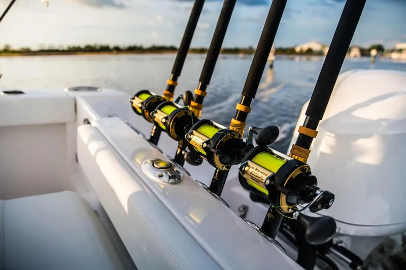 Slide: The Image of Fishing rods on a 2026 Edgewater 230CC boat, set against a serene water backdrop. - 5
