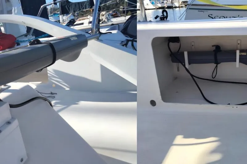 Slide: The Image of 2005 Corsair F-31 1D sailboat deck and storage compartment details. - 12