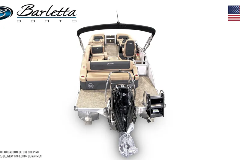 Slide: The Image of 2026 Barletta C24U pontoon boat, rear view, showcasing seating and motor. - 3