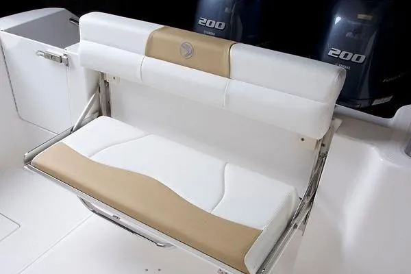 Slide: The Image of 2026 Edgewater 262CC boat seating with dual 200 horsepower engines. - 13