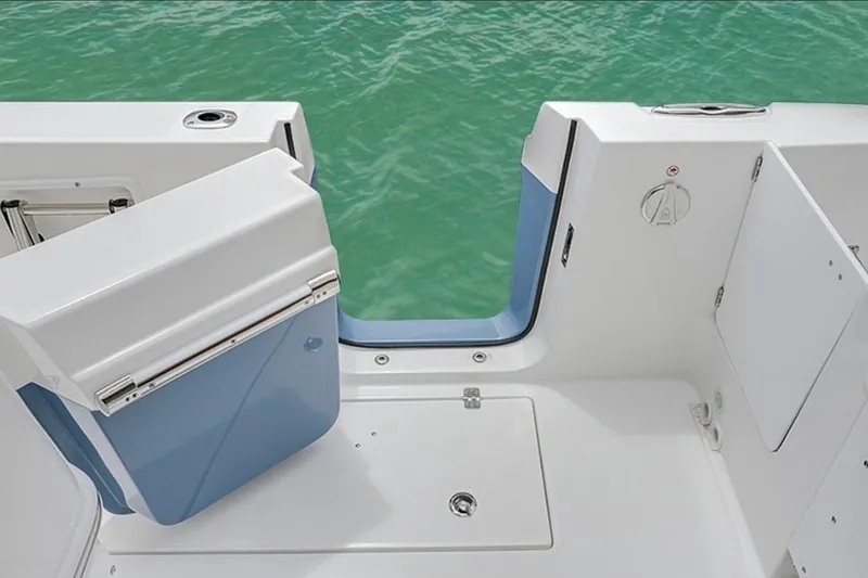 Slide: The Image of 2026 Edgewater 262CC boat interior with open transom door, overlooking green water. - 3