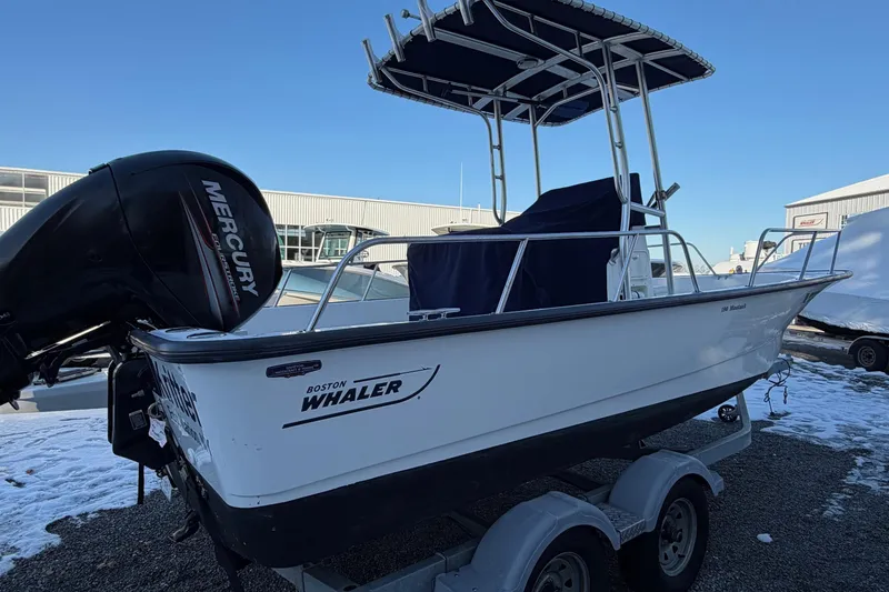 Slide: The Image of Close-up of a 2018 Boston Whaler 190 Montauk boat engine by the water. - 3