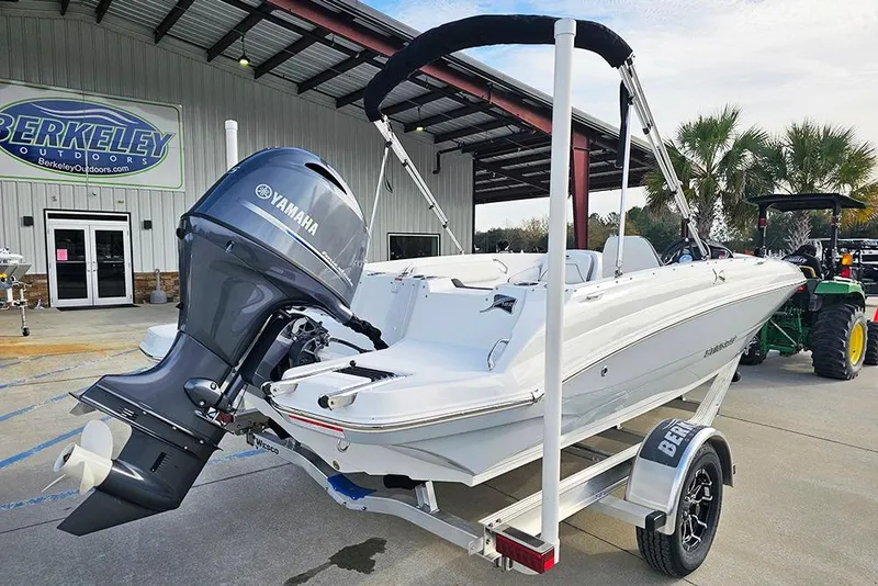 Slide: The Image of 2026 Stingray 182 SC boat with Yamaha engine on trailer at Berkeley Outdoors. - 3