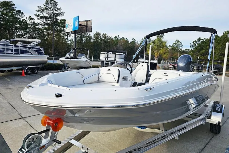 Slide: The Image of 2026 Stingray 182 SC boat on trailer in outdoor showroom setting. - 5