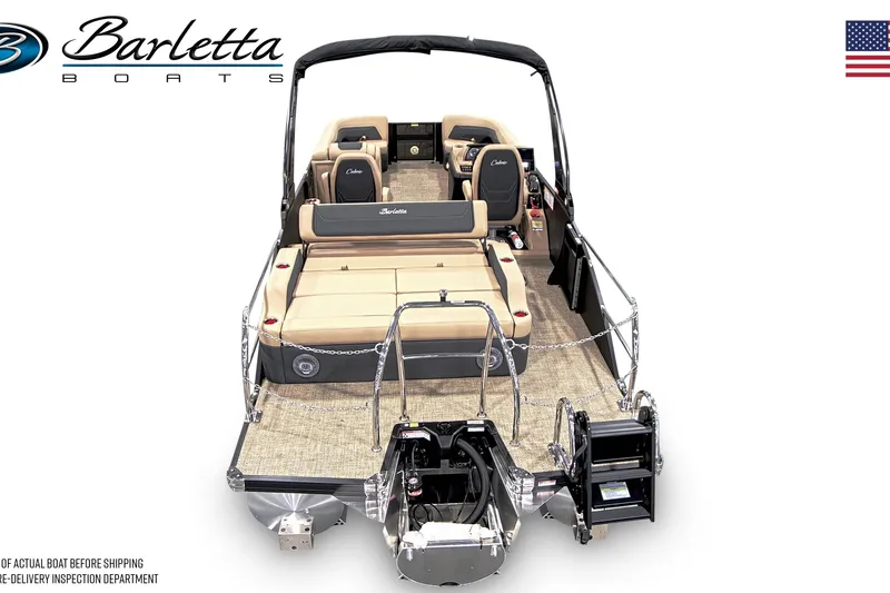 Slide: The Image of 2026 Barletta C24UC pontoon boat, rear view, showcasing seating and motor details. - 3