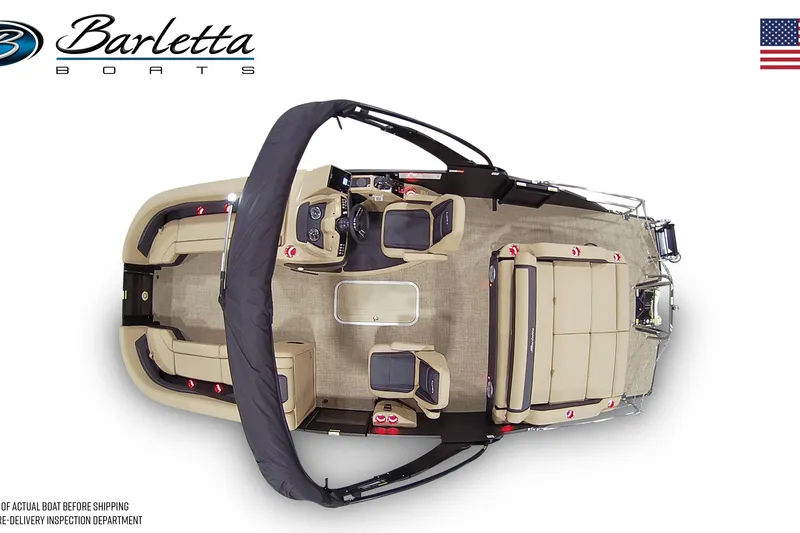 Slide: The Image of Overhead view of 2026 Barletta C24UC pontoon boat with seating and helm. - 7