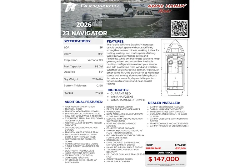 Slide: The Image of Duckworth 23 Navigator 2026 boat specifications and features, priced at $147,000. - 36