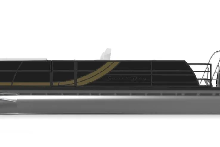 Slide: The Image of 2026 South Bay S224UL pontoon boat, sleek design with black and gold accents. - 2
