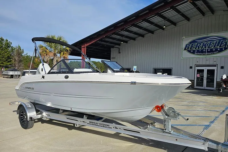 Slide: The Image of 2026 Stingray 172 DC boat on trailer at Berkeley Outdoors dealership. - 2