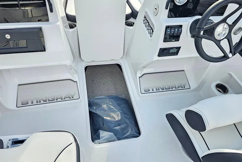 Slide: The Image of 2026 Stingray 172 DC boat interior with steering wheel and branded floor mats. - 20