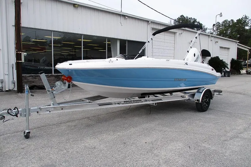Slide: The Image of 2026 Stingray 182 SC boat on trailer, parked outside a dealership. - 5