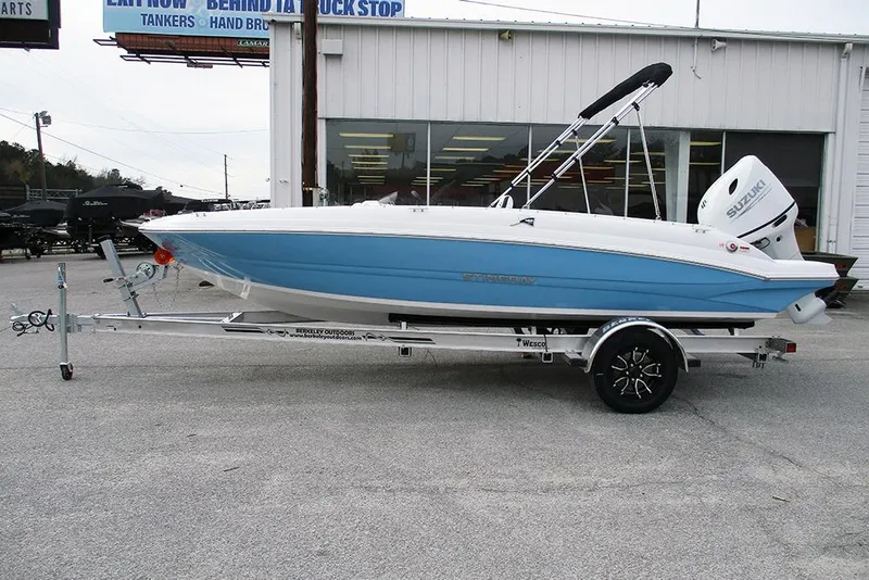 Slide: The Image of 2026 Stingray 182 SC boat on trailer, blue and white design, parked outside dealership. - 6