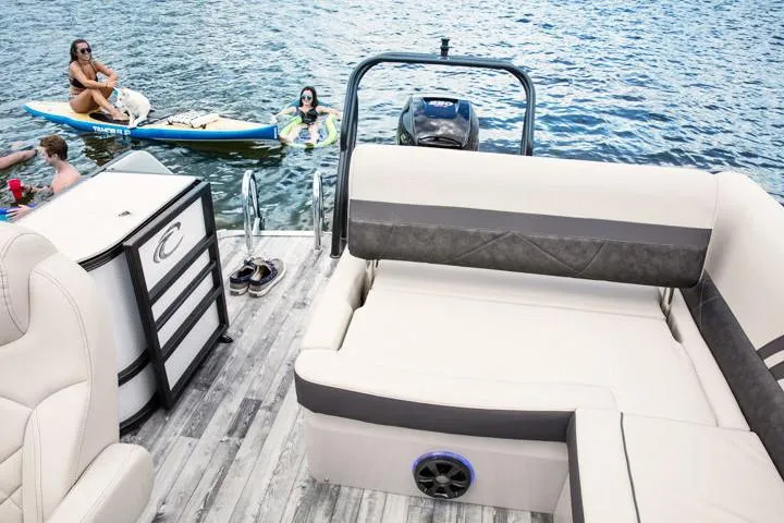 Slide: The Image of 2018 Crest Classic 250 SLS boat engine with stainless steel ladder on deck. - 11