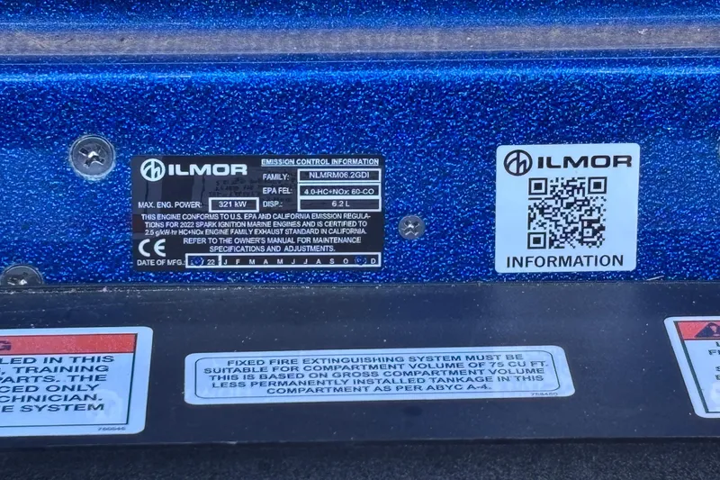 Slide: The Image of 2022 MasterCraft X26 Ilmor engine information label with QR code and specifications. - 75