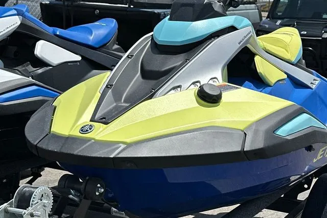 Slide: The Image of 2026 Yamaha WaveRunner Jetblaster in blue and yellow on a trailer. - 23