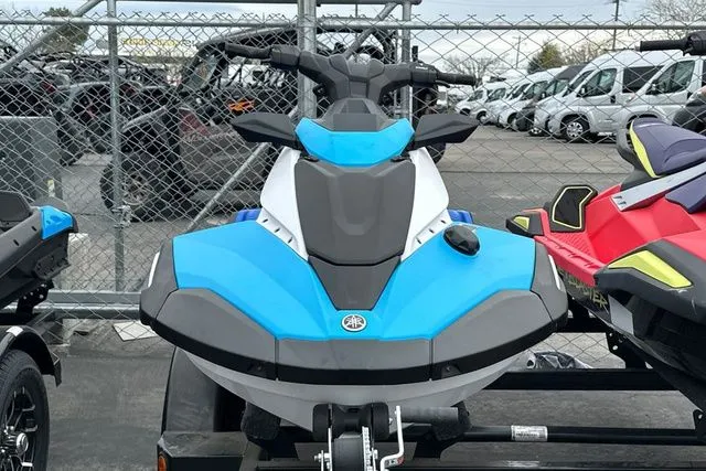 Slide: The Image of 2026 Yamaha WaveRunner Jetblaster DLX in blue and white on trailer. - 3