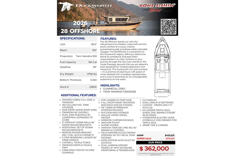 Slide: The Image of Duckworth 28 Offshore 2026 boat brochure with specifications, features, and pricing details. - 58