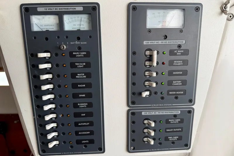 Slide: The Image of Electrical control panel on a 1985 MacGregor 65 sailboat, featuring DC and AC distribution. - 33