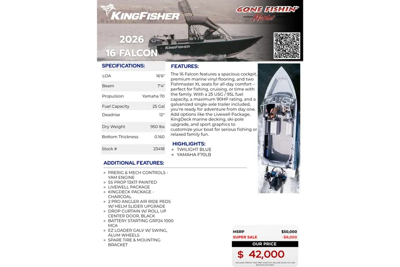 Slide: The Image of 2026 KingFisher 1625 Falcon boat brochure with specifications and features, priced at $42,000. - 13