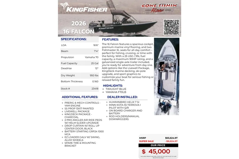Slide: The Image of KingFisher 2026 16 Falcon boat with Yamaha 70 engine, priced at $45,000. - 19
