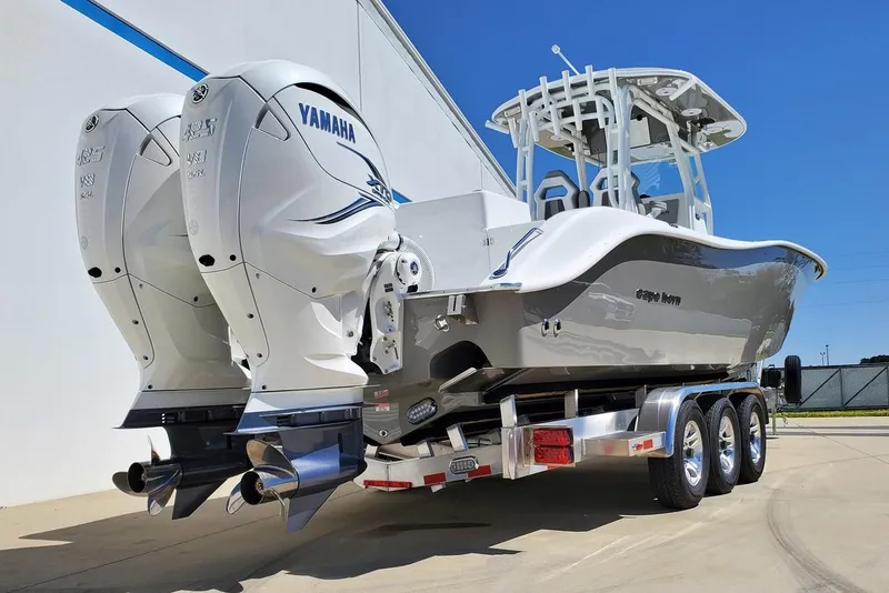 The Image of Manufacturer Provided Image: 2026 Cape Horn 34 T boat with dual Yamaha engines on a trailer. - 1