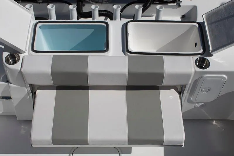 Slide: The Image of Manufacturer Provided Image: Cape Horn 36 XS 2026 boat interior with dual compartments and striped seating. - 10