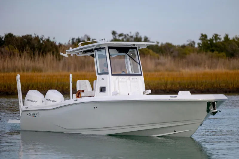 The Image of 2026 Caymas 291 boat with dual Mercury engines on calm water. - 0