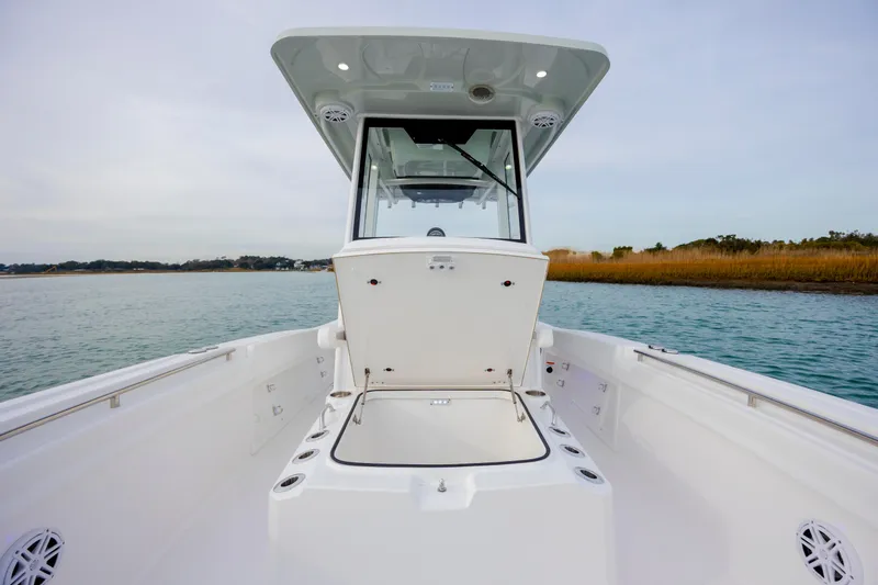 Slide: The Image of 2026 Caymas 291 boat interior with open storage, on calm water. - 16