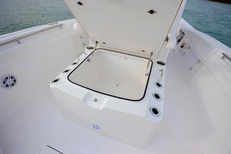 Slide: The Image of 2026 Caymas 291 boat with open storage compartment on deck, near water. - 18