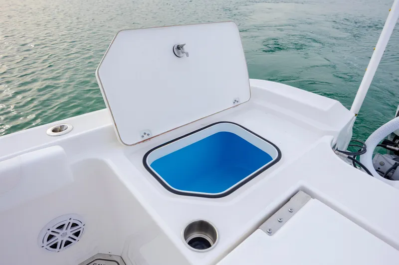 Slide: The Image of 2026 Caymas 291 boat with open storage compartment on deck, near water. - 33