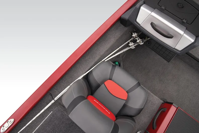 Slide: The Image of 2025 Tracker Savage 215 boat dashboard with steering wheel and navigation system. - 40