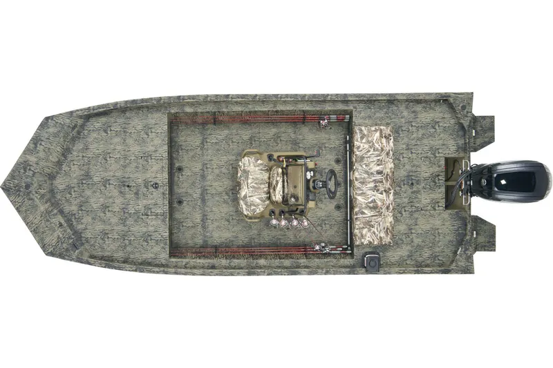 Slide: The Image of 2026 Tracker Grizzly 1860 CC boat interior with camo seats and Mercury outboard motor. - 5