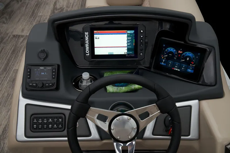 Slide: The Image of Luxurious seating on 2025 Ranger Reata 220FC boat with cup holders and quilted upholstery. - 31