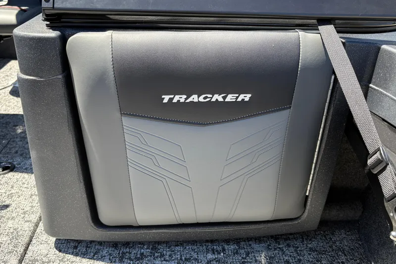 Slide: The Image of 2026 Tracker Targa V-18 Combo boat seat with logo and sleek design. - 21