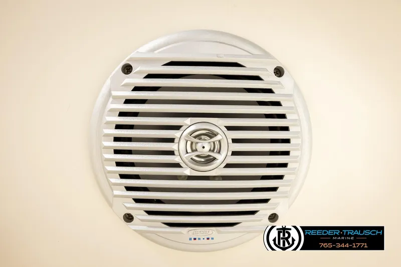 Slide: The Image of White marine speaker on a 2017 Bayliner Element F21 boat, Reeder-Trausch Marine logo visible. - 47