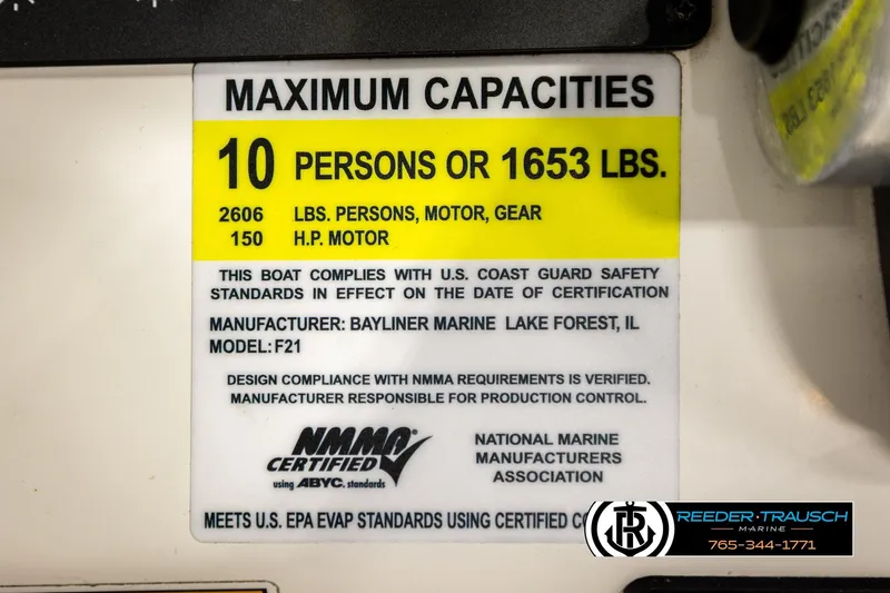 Slide: The Image of 2017 Bayliner Element F21 capacity label, maximum 10 persons or 1653 lbs, 150 HP motor. - 58