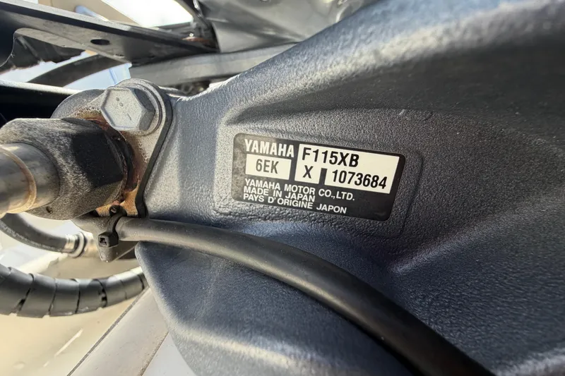 Slide: The Image of Close-up of Yamaha F115XB engine label on 2020 Key West 176 Sportsman CC boat. - 55