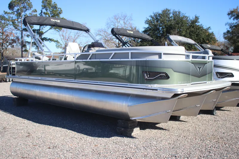 The Image of 2026 Tahoe Pontoon Sport 85 Rear Fish boat on display outdoors. - 0