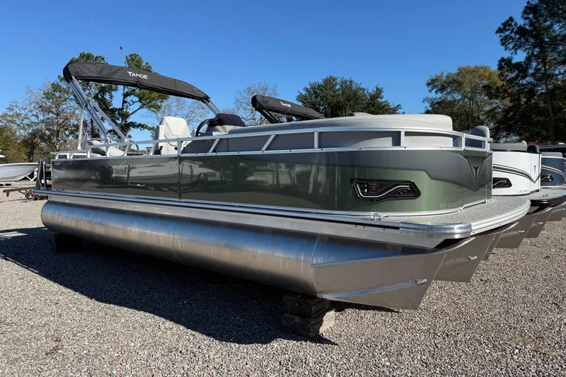 Slide: The Image of 2026 Tahoe Pontoon Sport 85 Rear Fish boat on display, featuring sleek design and modern amenities. - 16