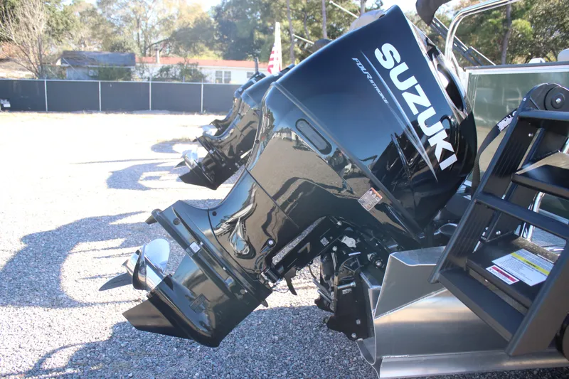 Slide: The Image of 2026 Tahoe Pontoon Sport 85 Rear Fish with Suzuki outboard motors. - 3