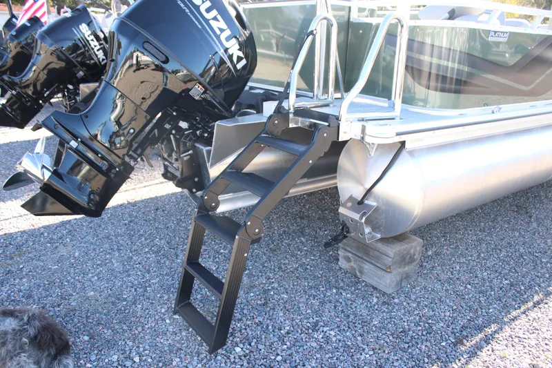 Slide: The Image of 2026 Tahoe Pontoon Sport 85 Rear Fish with Suzuki outboard motors and boarding ladder. - 5