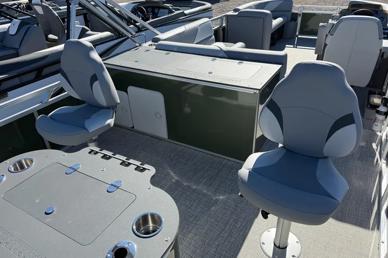 Slide: The Image of 2026 Tahoe Pontoon Sport 85 Rear Fish interior with seating and fishing setup. - 9