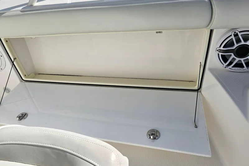 Slide: The Image of 2021 Everglades 273 Center Console boat storage compartment with speaker detail. - 41