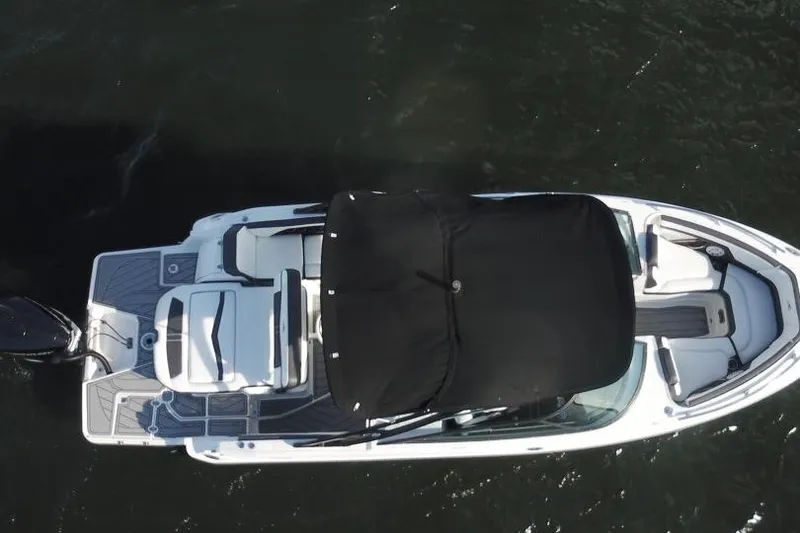 Slide: The Image of 2022 Monterey 255SS Super Sport boat, aerial view, on dark water. - 11