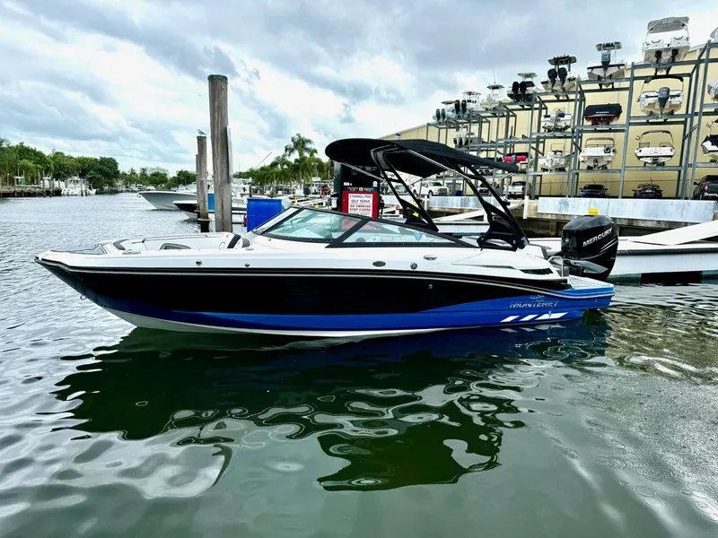 The Image of 2018 Monterey M-45 boat docked at marina, sleek design, black and blue exterior. - 0